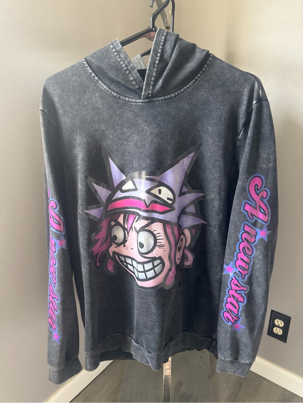 ROMWE Black Washed Hoodie with Purple & Pink Cartoon Graphic